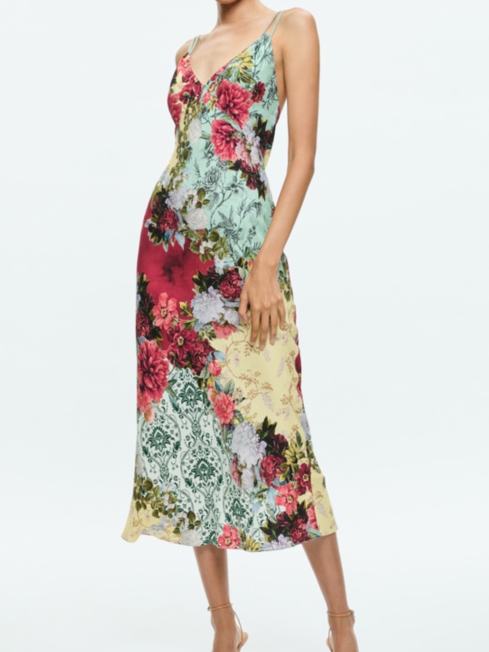 Alice + Olivia, Oakley Floral Patchwork Slip Midi Dress in Red, Mint, Yellow